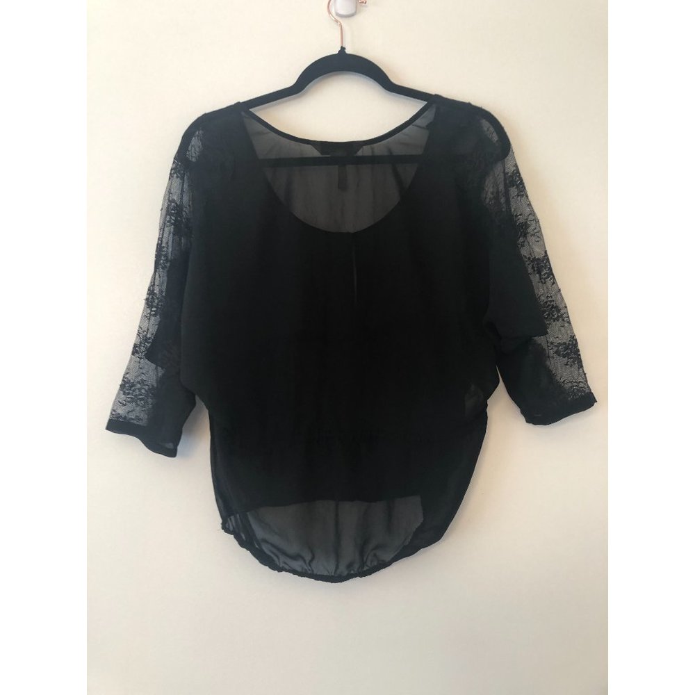 BCBGeneration Sheer Lace-Sleeve Blouse | Black | XS - Picture 7 of 10